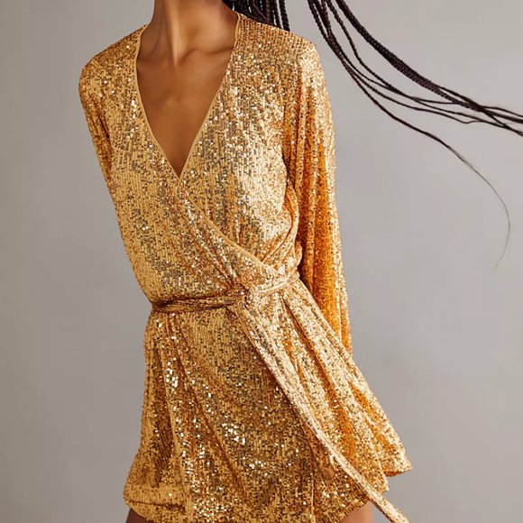 Free People Christa Gold Sequin Wrap Romper - Picture 8 of 11
